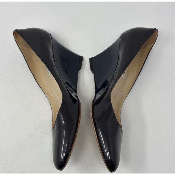 Jimmy Choo Gilbert Black Navy Patent Leather Almond Toe Wedge Heel Pumps Sz 42 - Picture 3 of 8